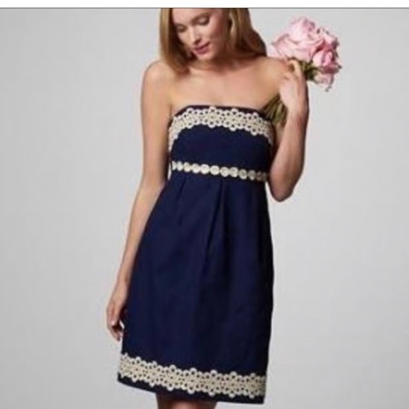 Lilly Pulitzer Aiden navy strapless dress gold trim - Picture 1 of 6